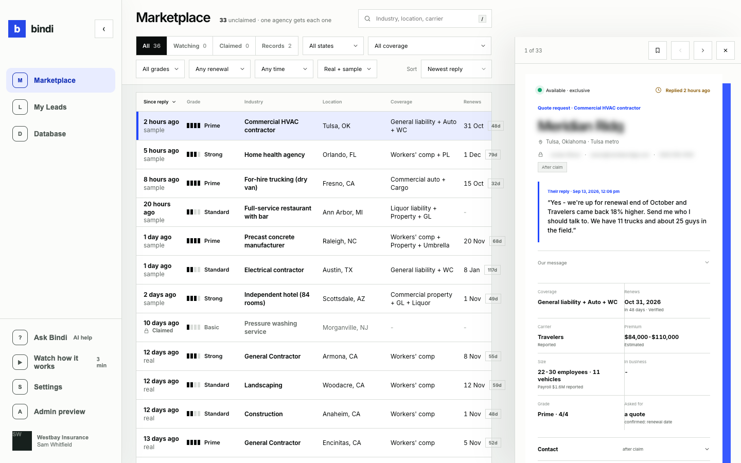 Current Bindi marketplace showing qualified commercial insurance opportunities, fit signals and conversation context